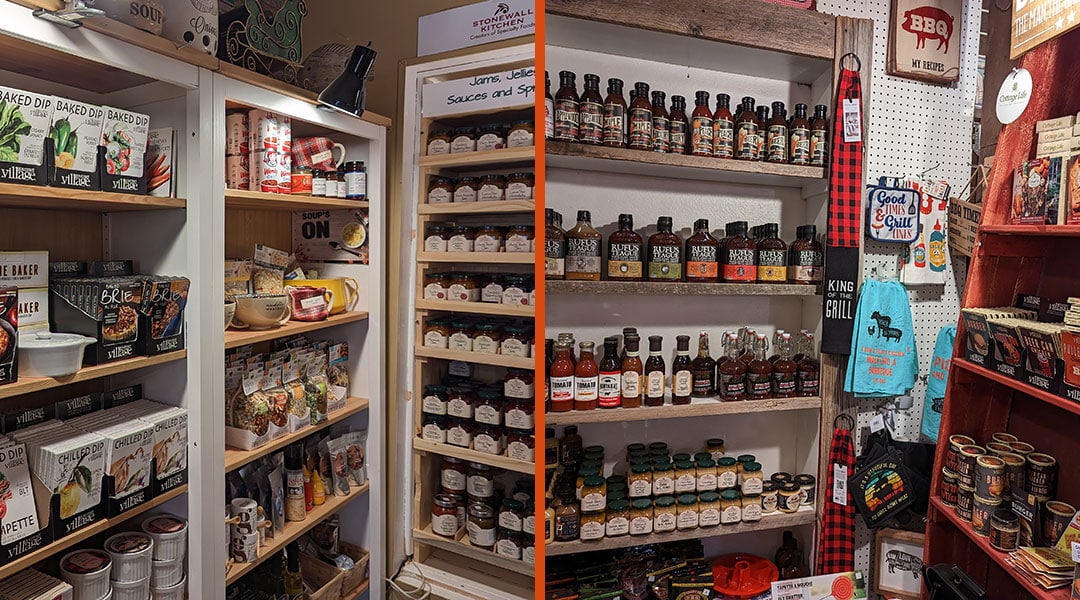 Shelves of gourmet food products